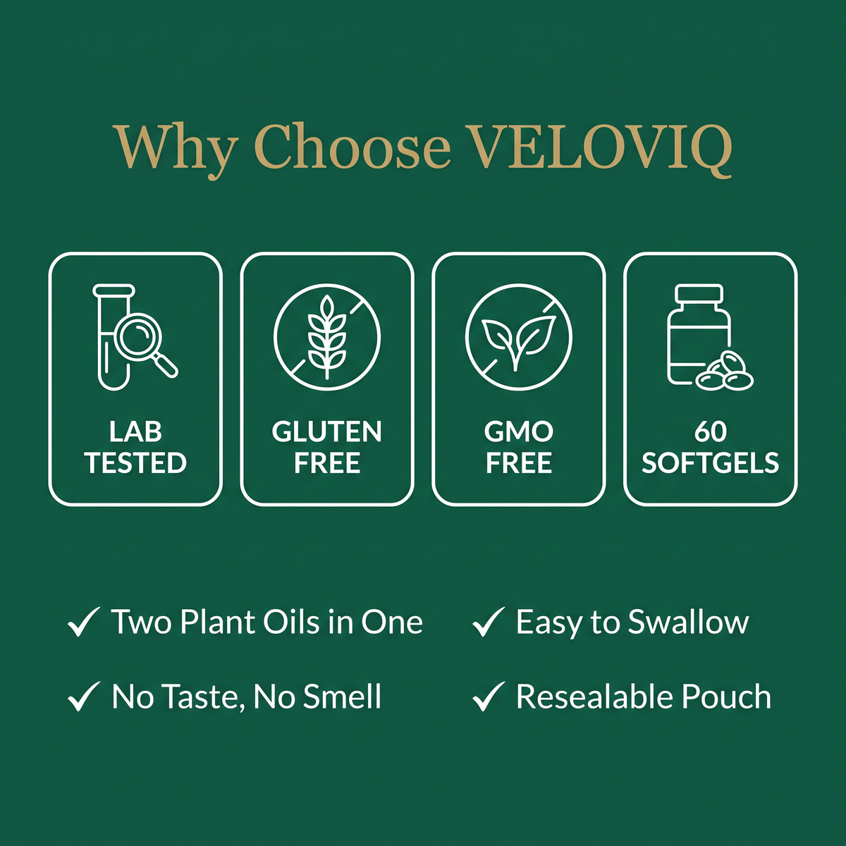 Why choose VELOVIQ: lab tested, gluten free, GMO free, 60 softgels