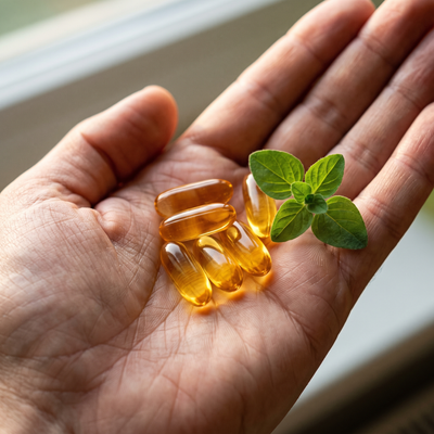 Amber softgels in an open hand with an oregano leaf