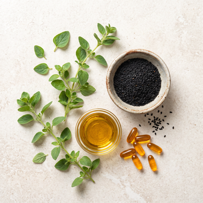 Fresh oregano, black seeds, golden oil and softgels